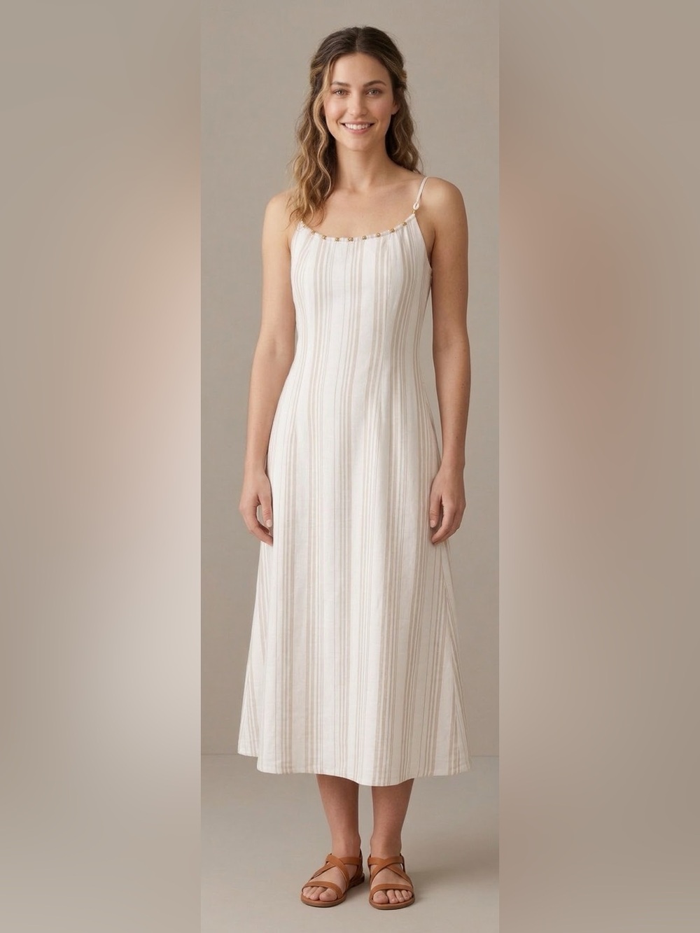 Calypso St. Barth Cream Beige Beaded Striped Linen Dress Size 8